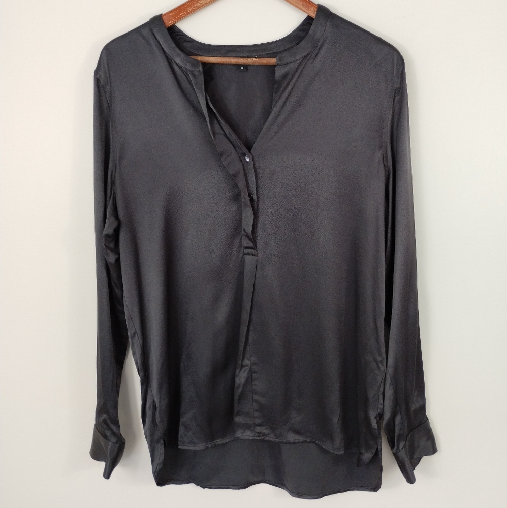 RAILS Pearl Satin Crepe Popover Blouse Slate Grey Medium